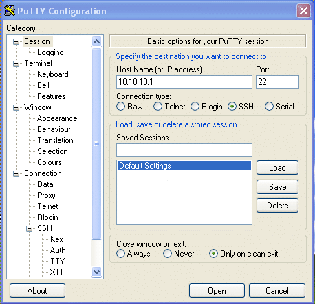 Putty session configuration
